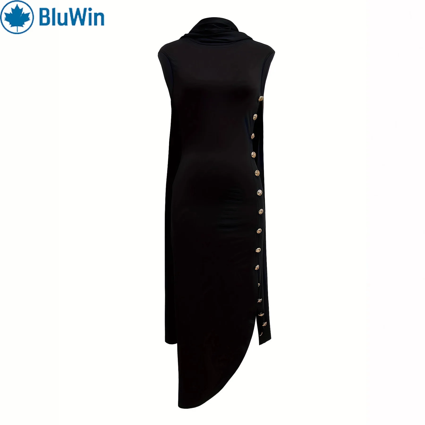 

URBANCHIC Sleeveless Bodycon Maxi Dress, Asymmetric Gold Buttons, Side Slit, Party/Night Out