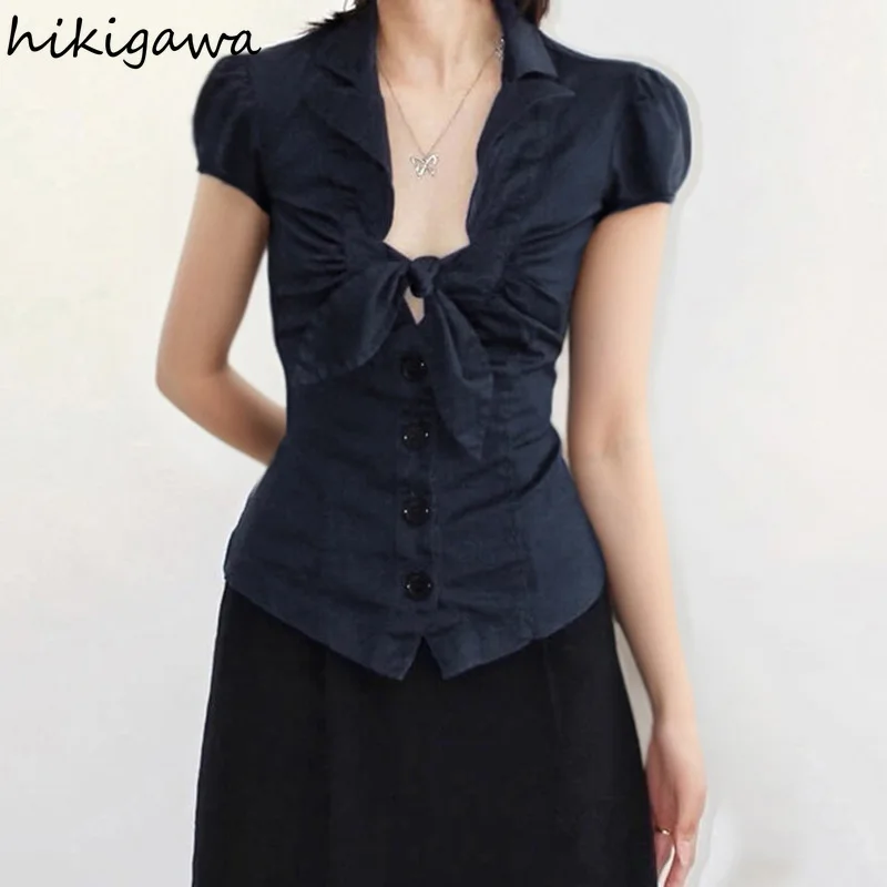 

Summer Women Shirts Temperament Office Lady Blouses 2025 Blusas Mujer De Moda Slim Waist Bandage Tops Deep V-neck Vintage Blouse