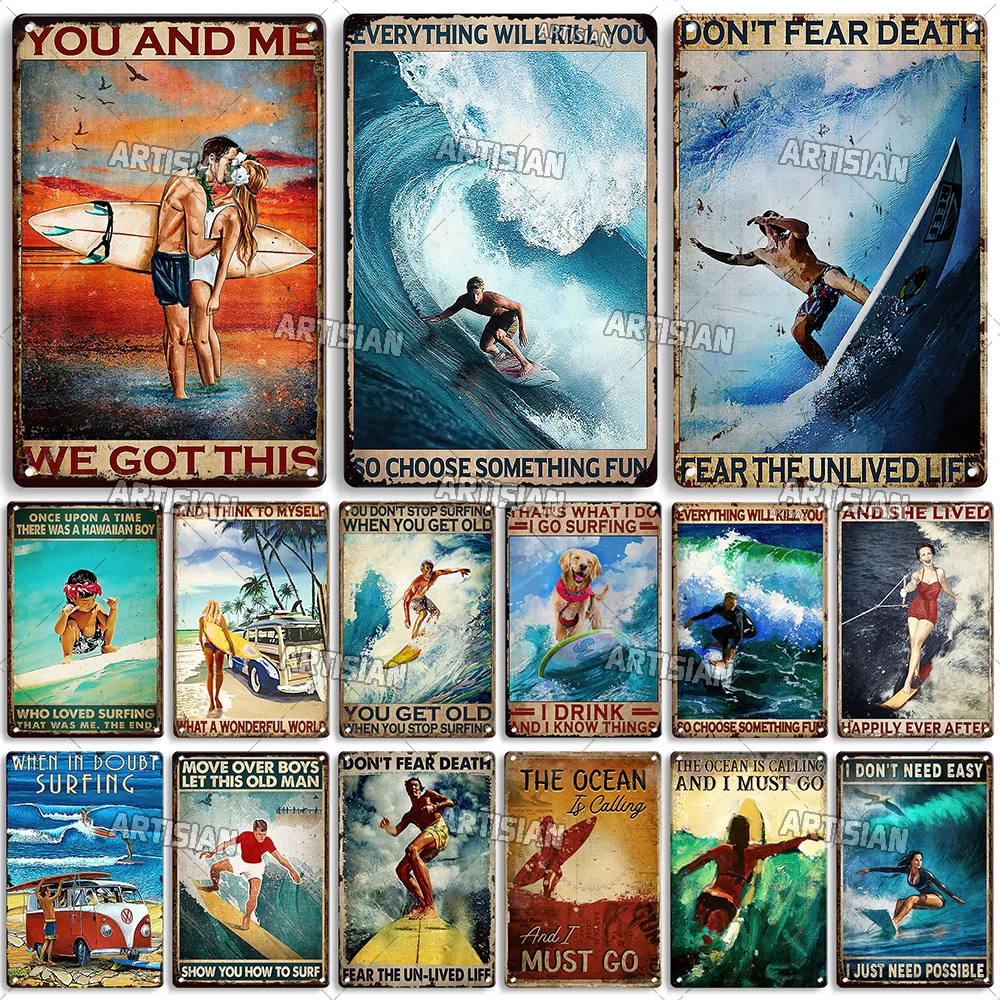 Artisian Surfing Metal Sign Beach Tin Poster Sport Ocean Decorative Plate Wall Decor Garage Bar Pub Club Hotel Cafe Kitchen Home