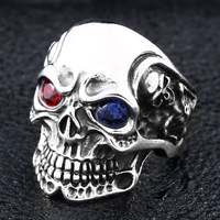 Retro Red Blue Eyes Skull Ring For Men Punk Gothic Rock Hiphop Open Ring Biker Accessories Handmade Designer Jewelry Unisex Gift