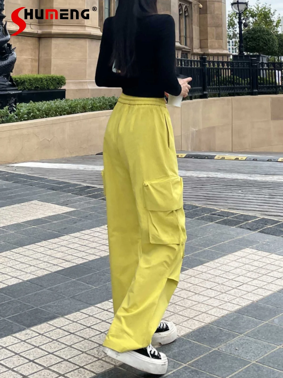 Streetwear Straight Cargo Yellow Pants Female 2023 Autumn and Winter American Hot Girl Loose Track Drooping Wide-Leg Sport Pants