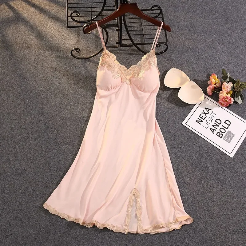 Satin Suspender Skirt Sleepwear Women Nightdress Silky Lace Nightwear Intimate Lingerie Sexy Nightgown Casual Home Dressing Gown