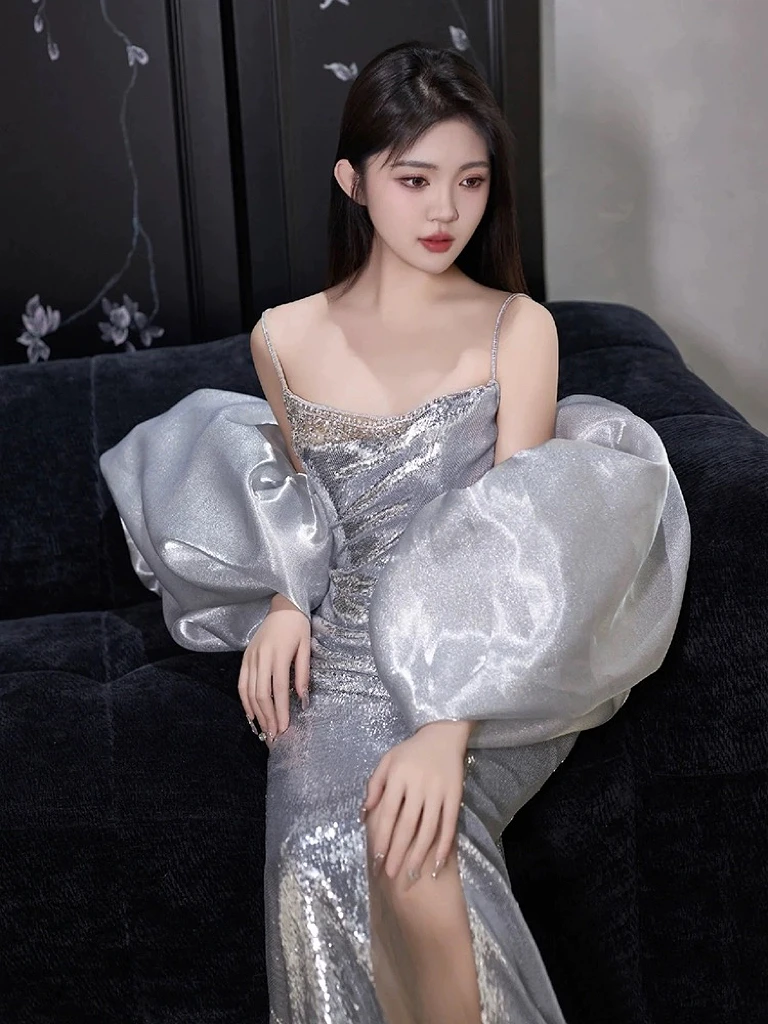 Silver Prom Dresses Spaghetti Strap Side Split Off the Shoulder Pleated Mermaid Beading Sequins Red Carpet Evening Gowns 2024