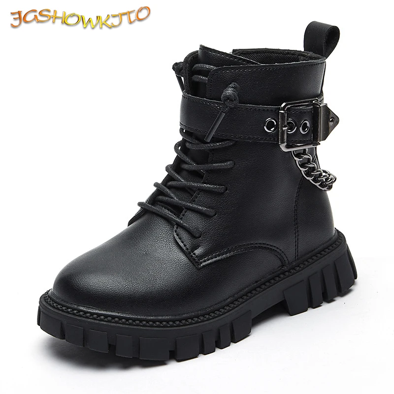 Children New Boots Soft-soled Girls Tide Boots Autumn and Winter Warm British Style Boys Leather Boots Student Metal Chain Hot