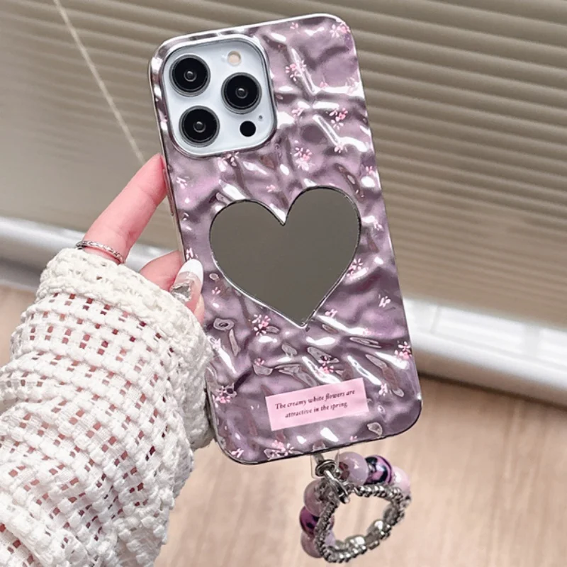 INS Cute Pleated Love Heart Mirror Floral Letter Bracelet Phone Case For iPhone 16 15 14 13 12 11 Pro Max Plus Protective Cover