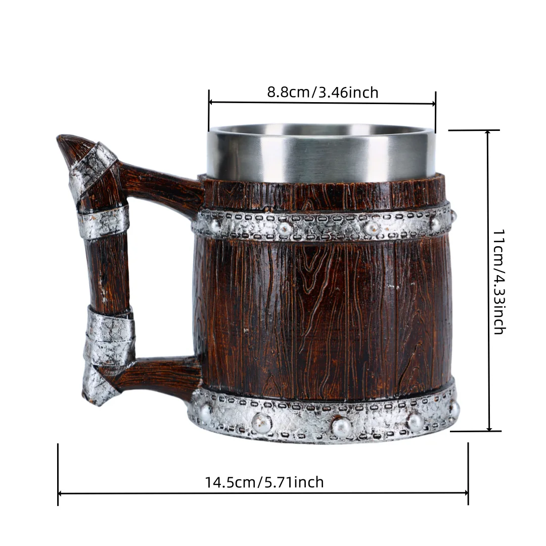 450ml Medieval Wood Barrel Viking Beer Mug Resin Stainless Steel Tankard Coffee Cup Drink Cup Bar Decor Men's Gift