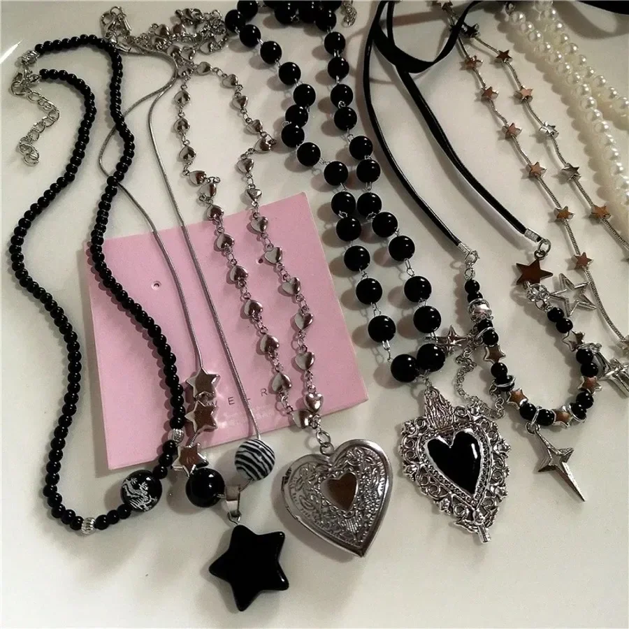 Dark Aesthetic Y2K Necklace Pack Black Heart Locket & Star Charms Layered Necklaces for Alternative & Punk Fashion