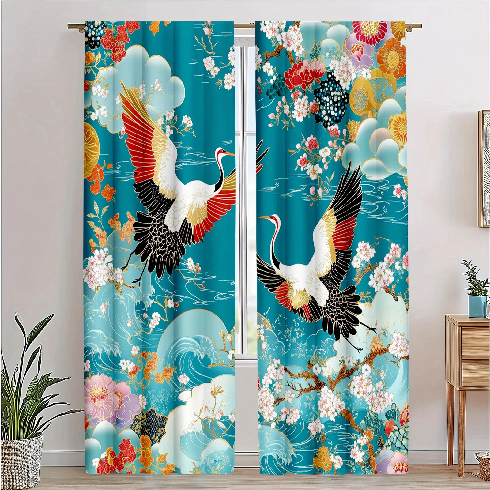 Elegant Japanese Sakura Cherry Blossom Phoenix Curtains Blue Asian Floral Pattern Window Drapes Polyester Home Decor