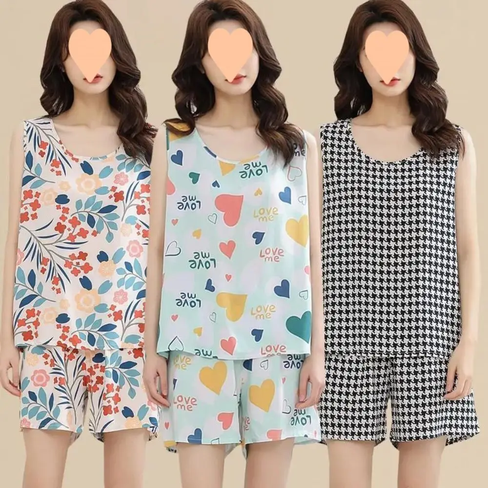 

Домашняя одежда, милый женский пижамный комплект, хлопковые и шелковые пижамы без рукавов с цветочным принтом, удобная свободная ночная рубашка из двух предметов для девочек