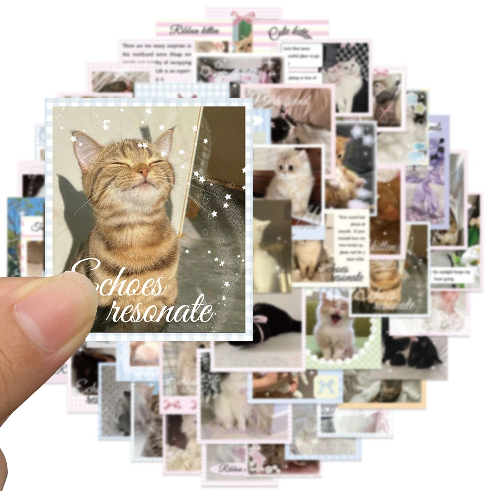 50pcs Cute Pet Cat Stickers For Kids Adults Ribbon Kitten Stickers Laptop Water Bottle Luggage Guitar Phone Waterproof Decals