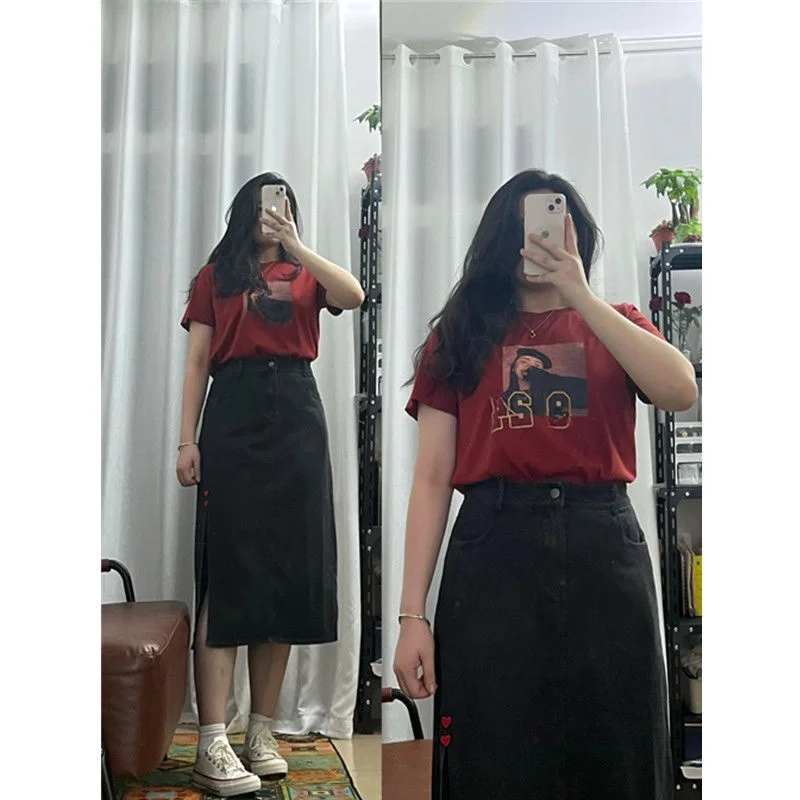 

plus Size 300 Pou Summer New High Waist Casual Denim Skirt Women Fat MM High-End Feeling Mid-Length f Skirt A-Line Skirt