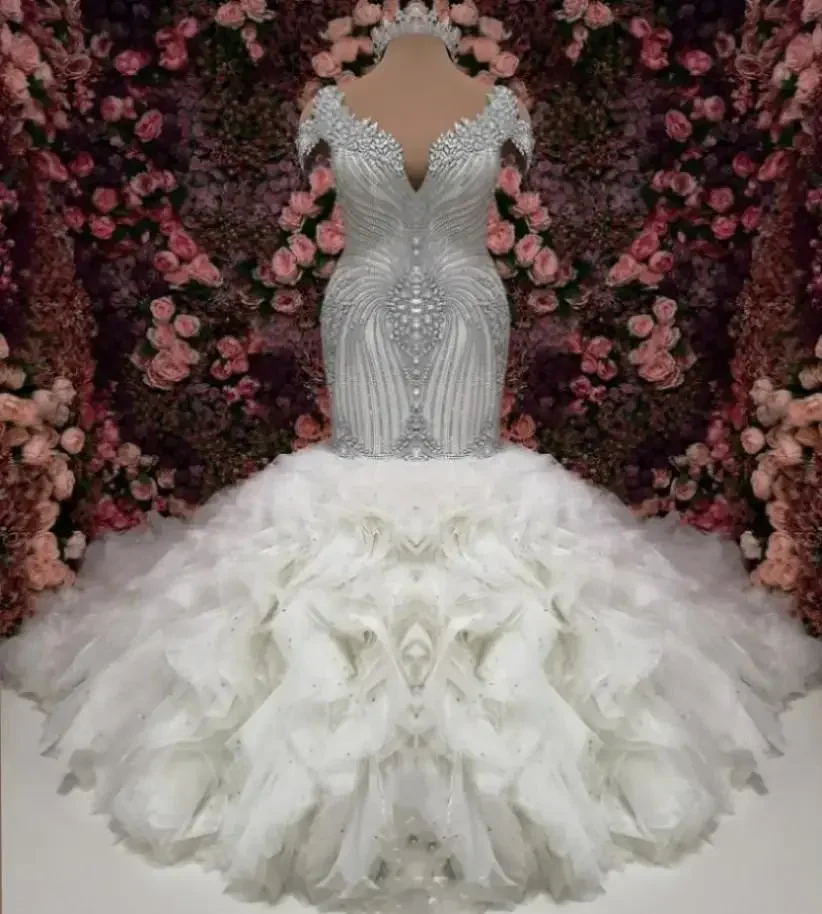 

Customized Bridal Gowns Crystal Mermaid Arabic Wedding Dresses Beading Ruffles C De Mariee Vestidos