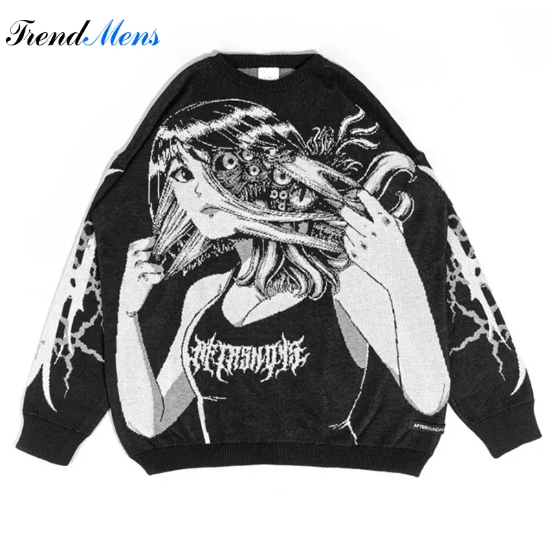 

Oversized Sweater Men Women Harajuku Anime Girl Graffiti Vintage Knitted Sweater 2023 Winter Unisex Cotton Pullover Streetwear