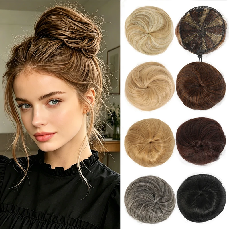 Dark Brown Hair Buns Extension Drawstring Updo Donut Chignon Straight Synthetic Fake Ballet Bun for Women Lady 1 Pcs