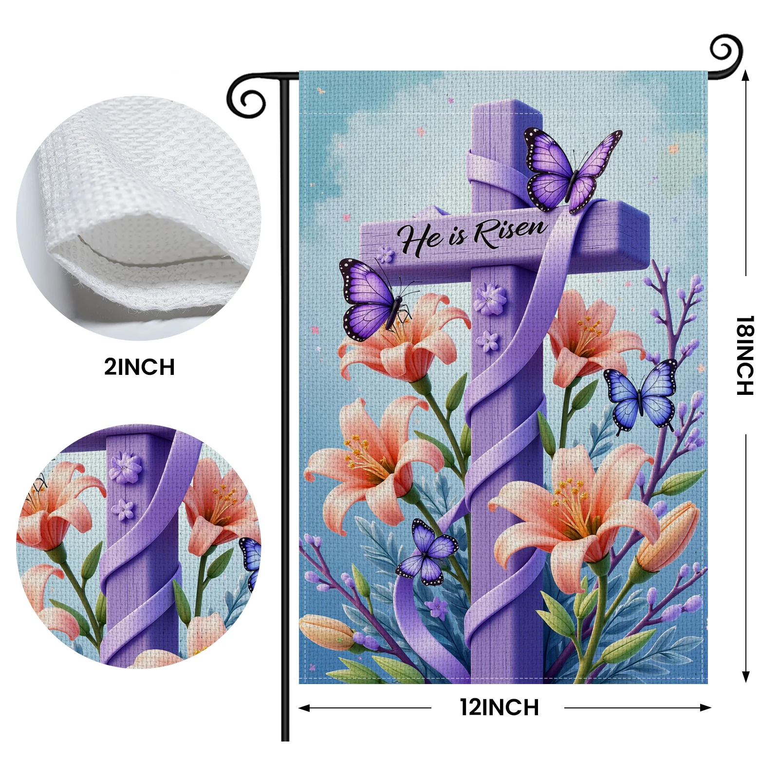 Pastel Tone He is Risen Garden Flag Lily Floral Pattern Religious Garden Banner Butterfly Accent Purple Cross Design Easter Yard