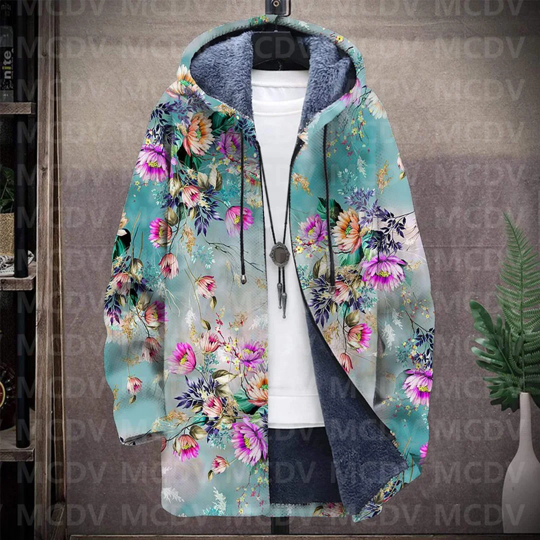 Men's Plush Thick Long-Sleeved Coat Cardigan Flower 3D Prined Fleece Hooded Overcoat Unisex Thick Warm Jacket