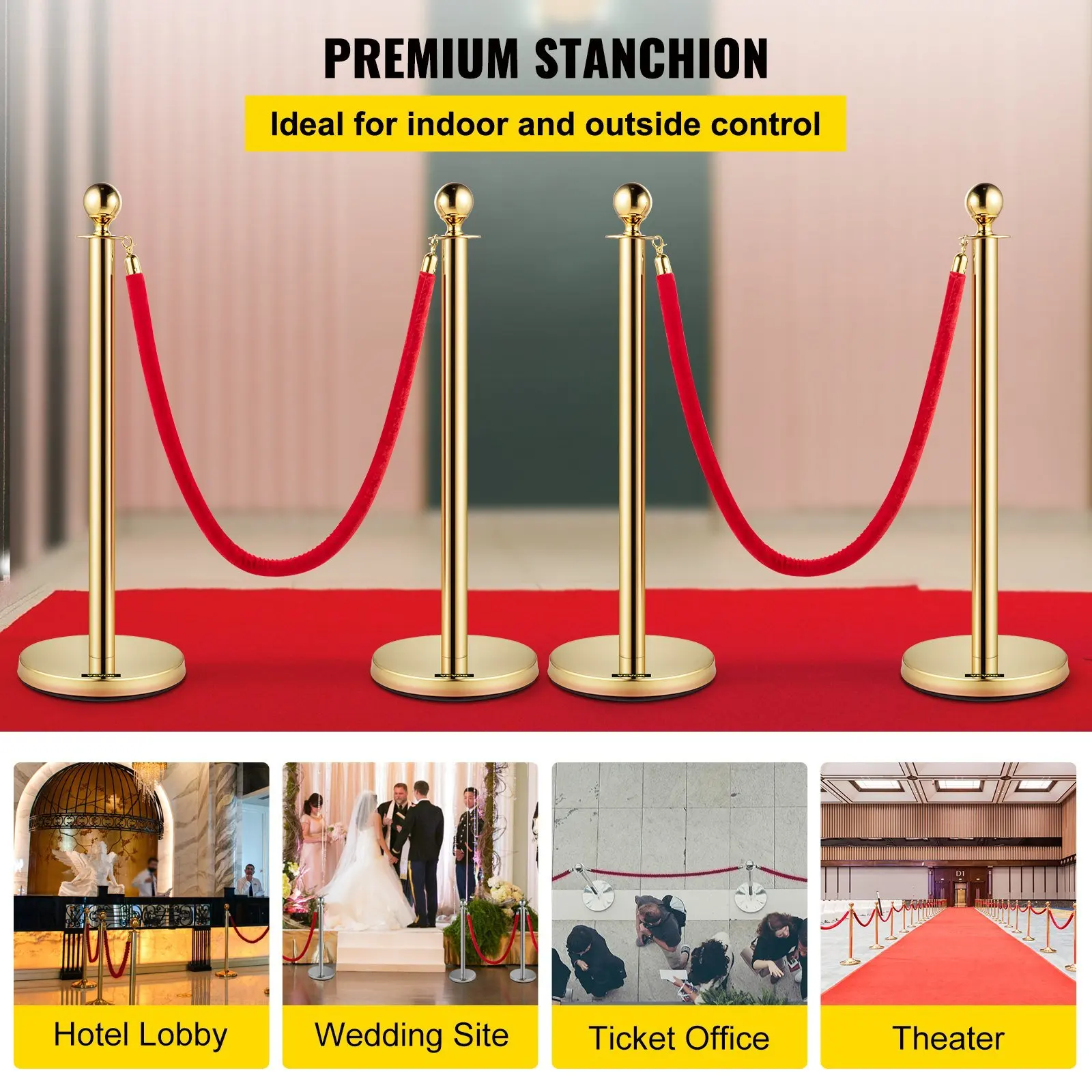 VEVOR 38 Inch Stanchion Posts Queue, Red Velvet Rope (3, Gold)