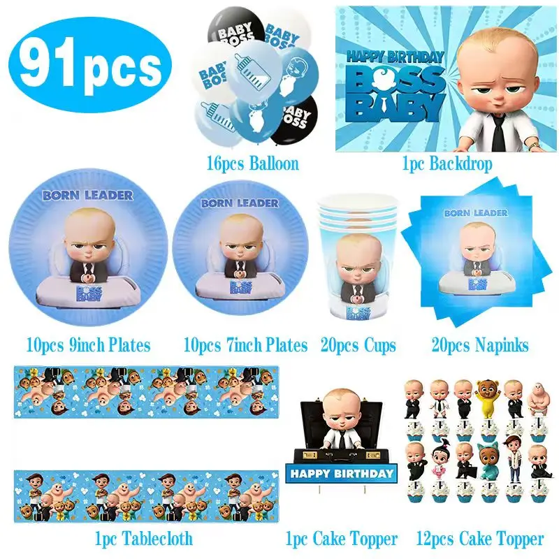 Blaues Little Executive Baby B-BOSSED Duschparty-Dekorationsset mit Einwegteller, Bechern, Servietten, Banner und Ballons für Geburtstagsfeiern – Detail 2