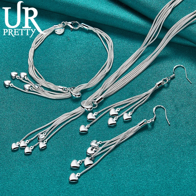 

925 Sterling Silver Five Solid Snake Chain Pendant Set Fashion Women's Party Wedding Charm Jewelry