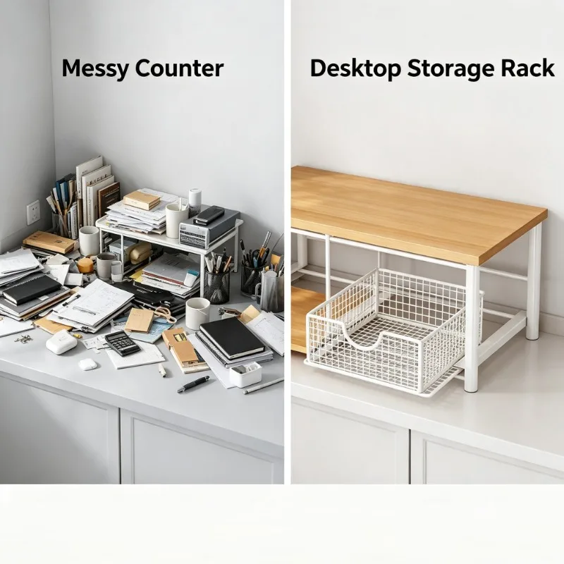 Kitchen Countertop Organizer Rack With Bamboo Top And Pull Out Wire Basket Storage Shelf For Coffee Machine Microwave