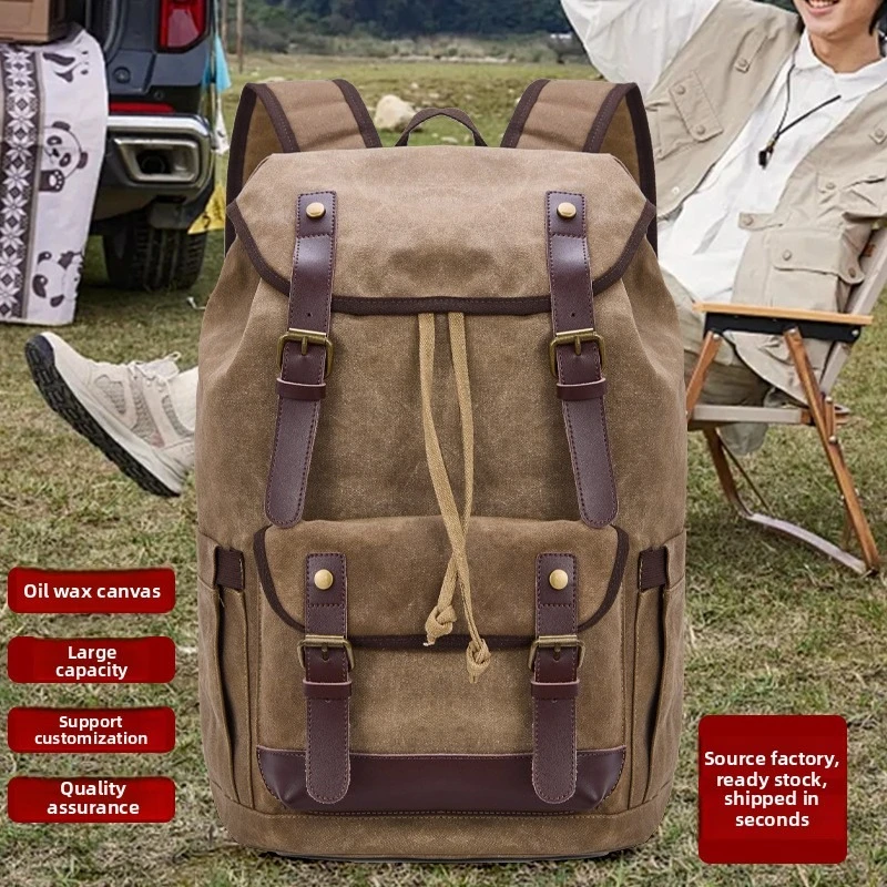 

Cotton Oil Wax Canvas Backpack Mens Large Capacity Vintage Waterproof Backpack 15" Laptops Daypacks Rivets