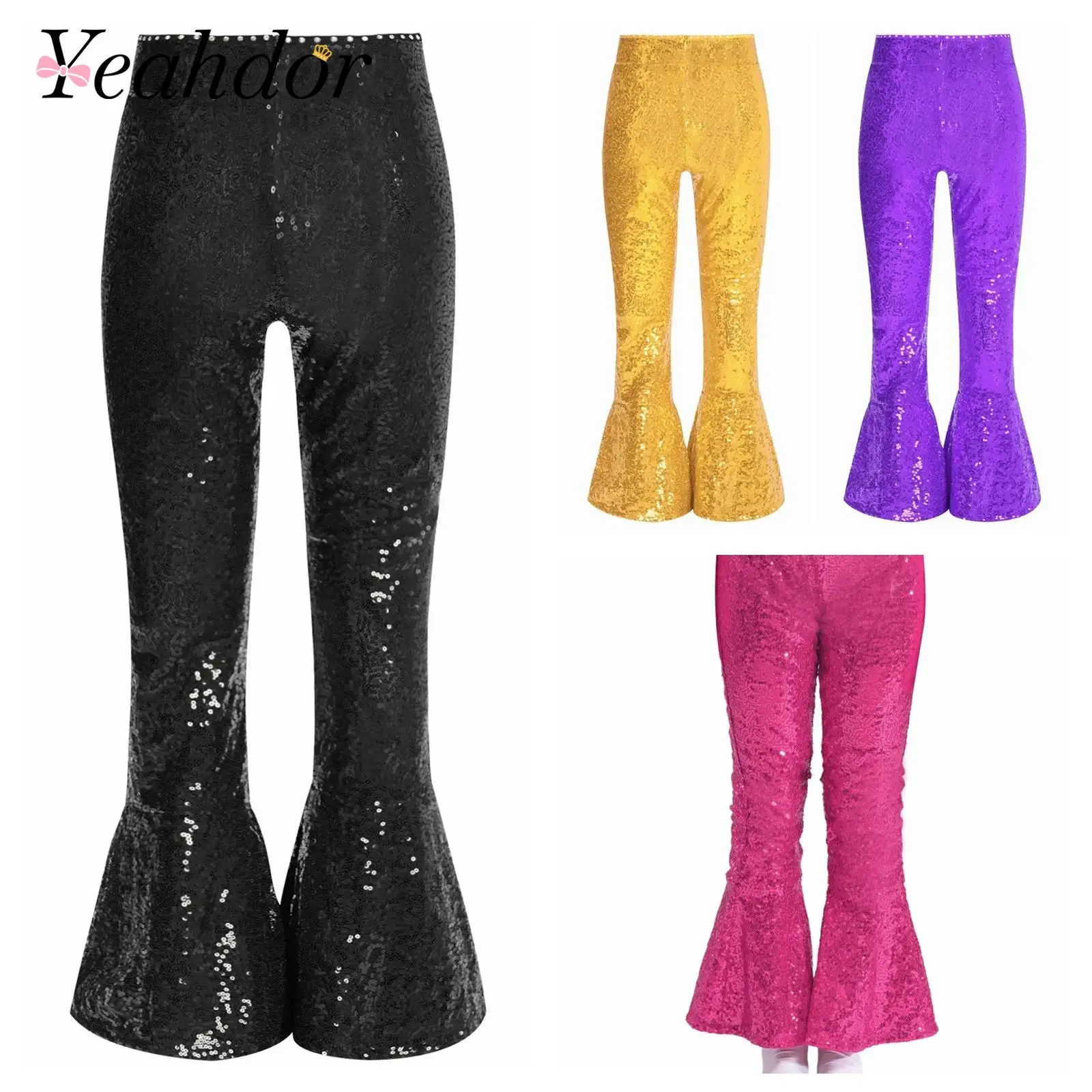 

Kids Girls Flares Trousers Sequins Dance Pants V-Front Waistline Zipper Flared Pants for Jazz Performance Costume Boot Cut Pants