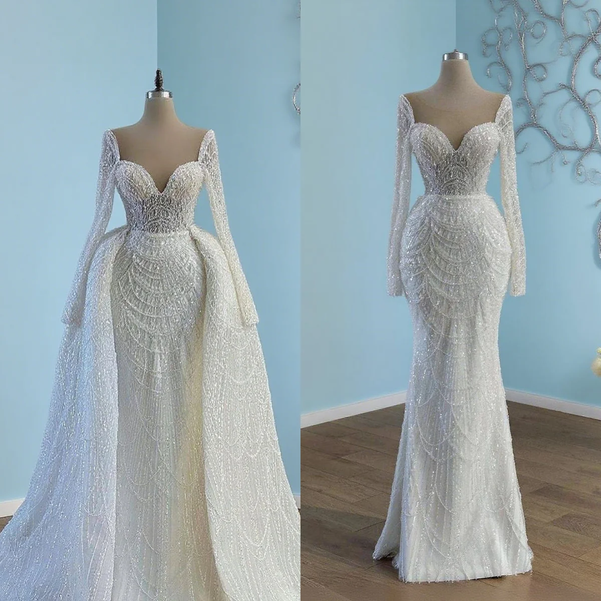 

Exquisite Mermaid Wedding Dresses Long Sleeve Detachable Train Bride Dresses Beading Custom Made Vestido De Novia