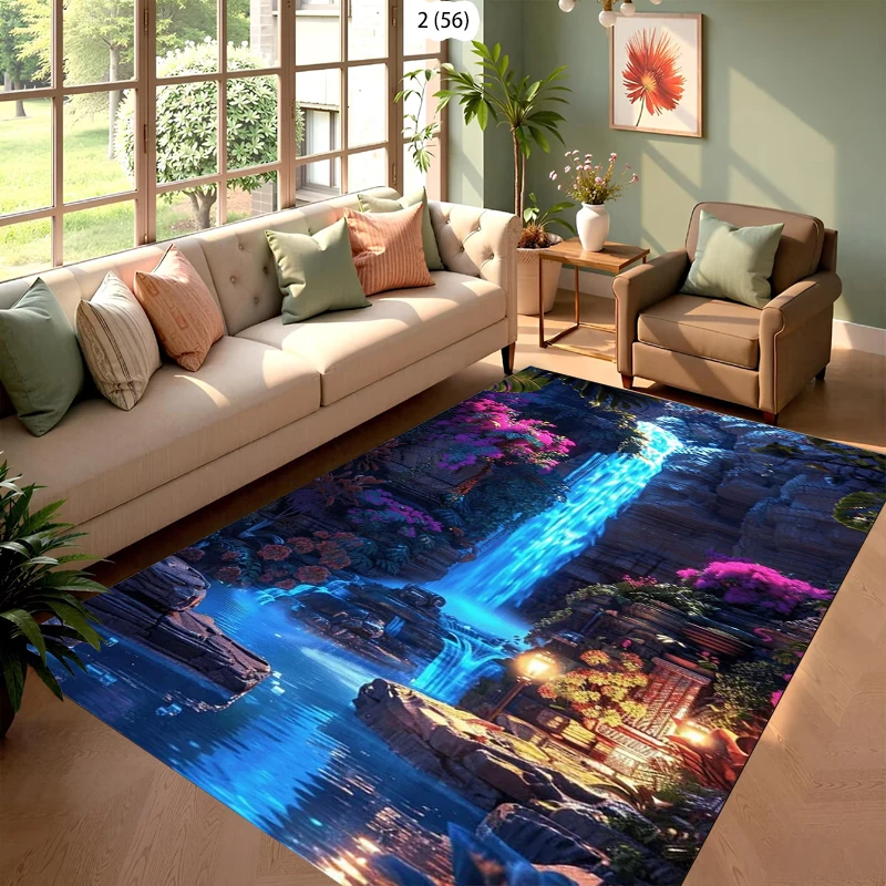 Cyber Cool Style Ancient Town Fluorescent Waterfall Rug Carpet Mat Non-Slip for Living Room Bedroom Futuristic Home Decor