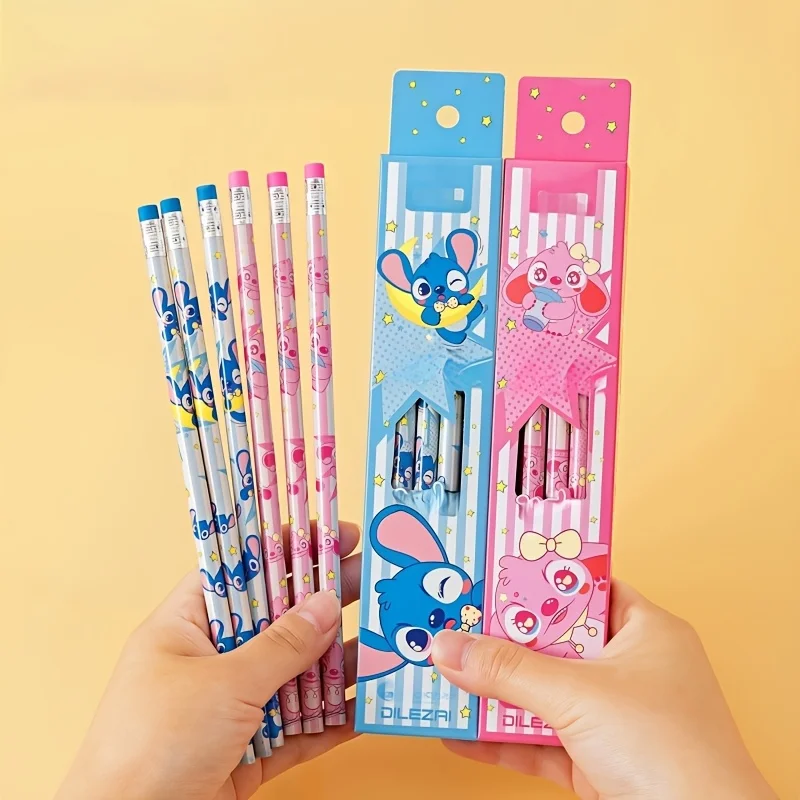 

10pcs Disney Stitch & Angel Pink and Blue Cartoon Pencils, HB Wooden Calligraphy Pencils in Box,Drawing toys