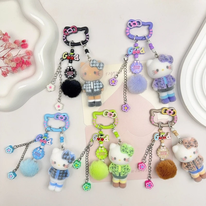 

Sanrio Hello Kitty Leopard Outfit Plush Keychain Cute Diy Style Bag Charm with Pom Pom