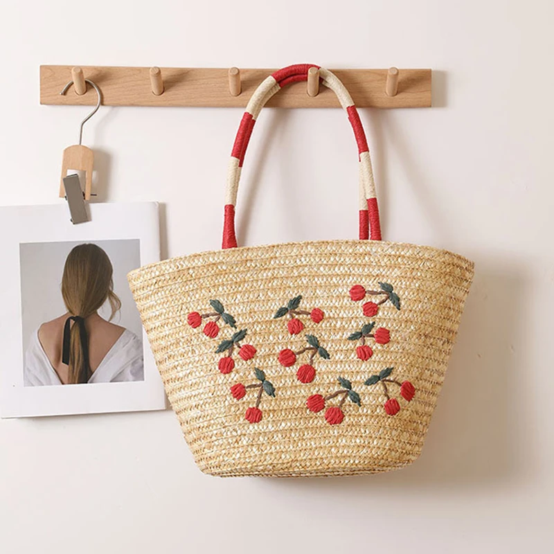 

2025 Women's New Fashion Embroidery Cherry Hand Woven Shoulder Bag Beach Handbag Straw Woven Bag