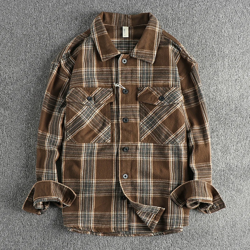 Winter New American Retro Long-Sleeve Lapel Thickened Plaid Cargo Shirt Men's Fashion 100% Cotton Washed Casual Blouses Coat