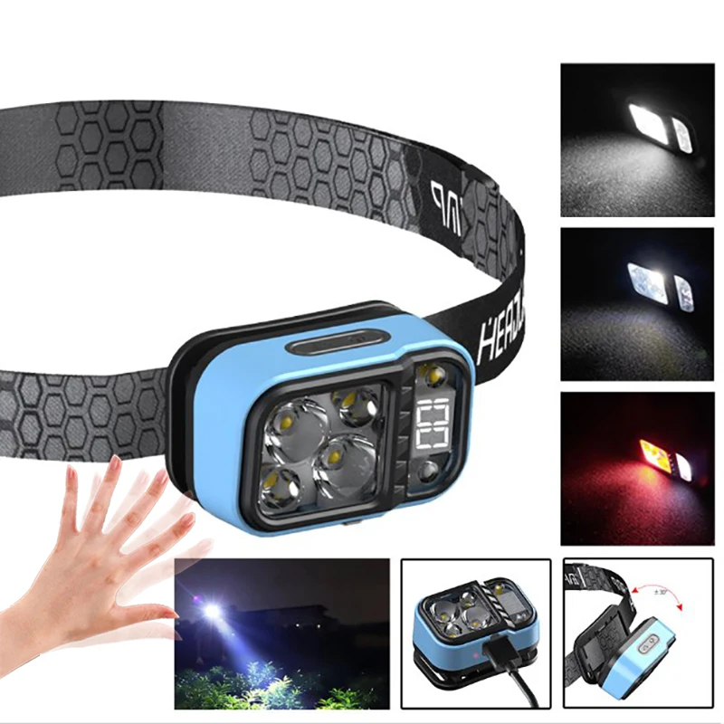 Powerful LED Sensor Headlamp Built-in Battery USB Rechargeable Mini Induction Head Flashlight White/Yellow/Red Headlight