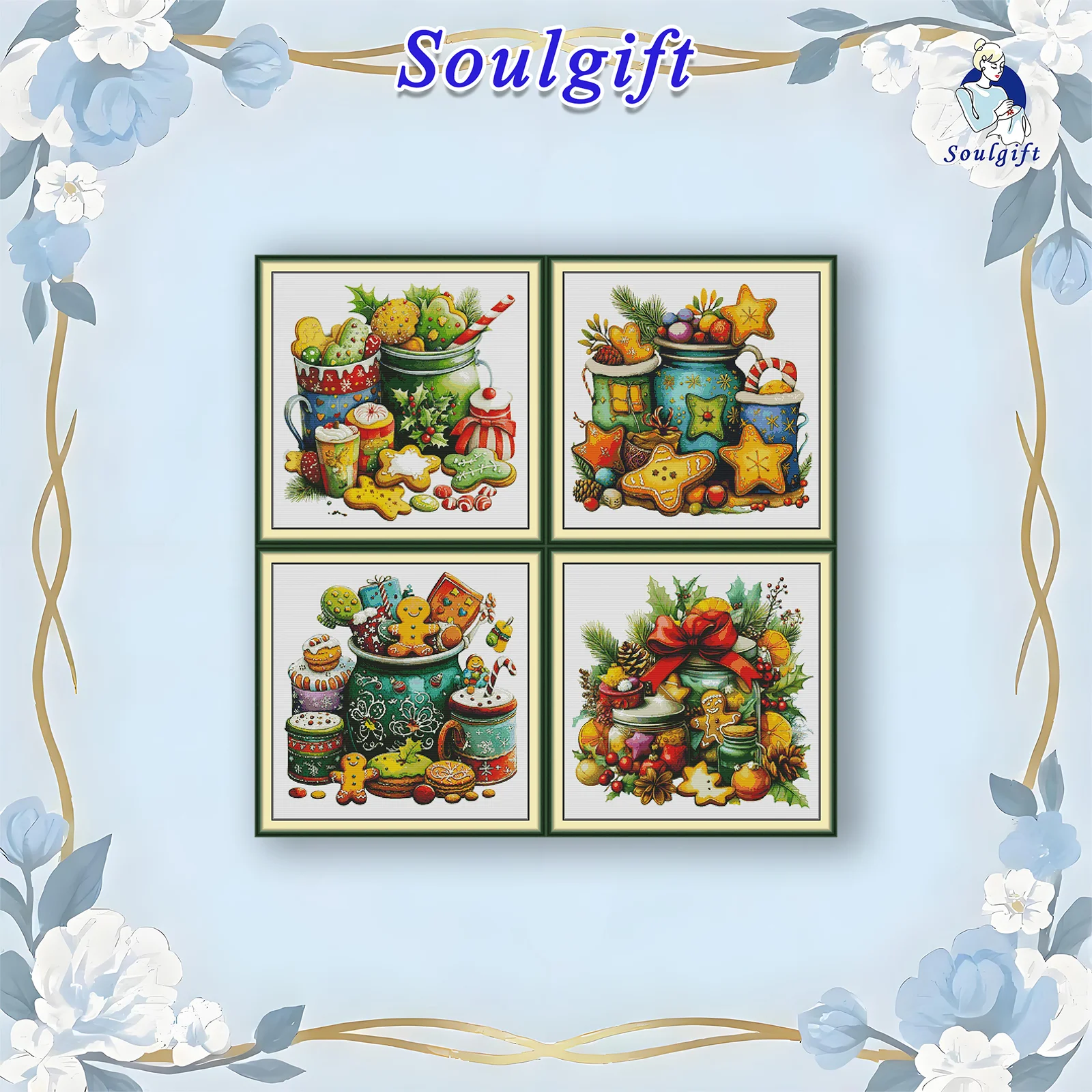 

Soulgift News Набор для вышивки крестом с предварительной печатью, штампованная ткань Аида с нитками DMC, набор для вышивания - Рождественское печенье