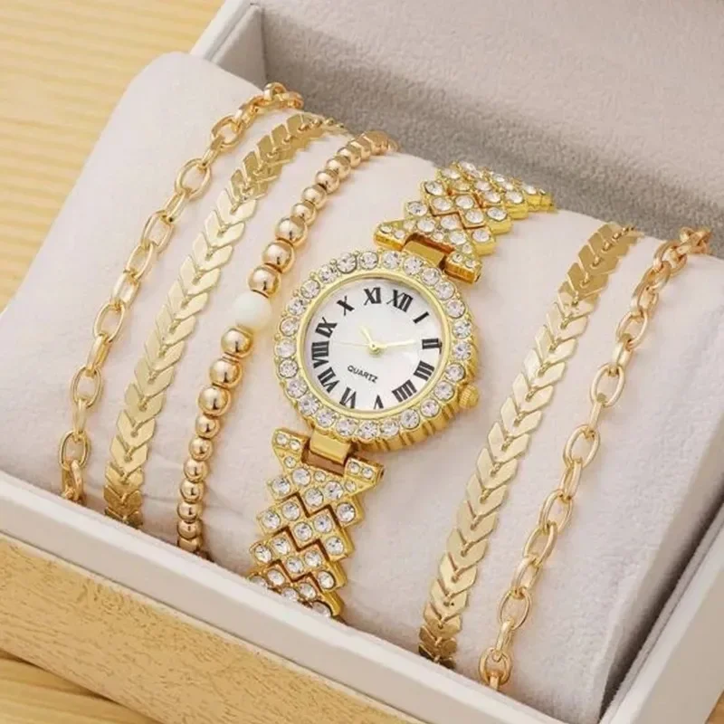 Rhinestone Women's Watch Bracelet Luxury Fashion Watch Bracelet Set Full Crystal 5Pcs Watches for Women Rhinestone Set Gifts