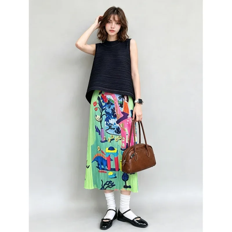 Miyake Pleated 2026 New Sleeveless Top with Printed Pleated Skirt for Women Summer Simple Versatile Fashion Two-Piece Set Pleat