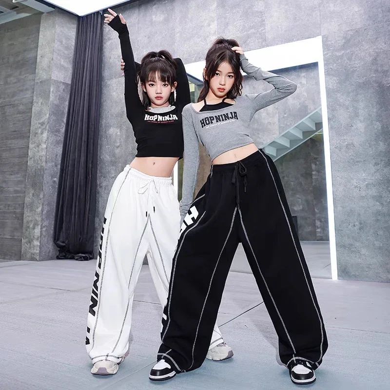 Schwarz Grau Crop Tops Mode Hosen Hip-Hop Performance Kleidung Sets Teenager Kinder Street Dance Outfits Jazz Dance Kostüm