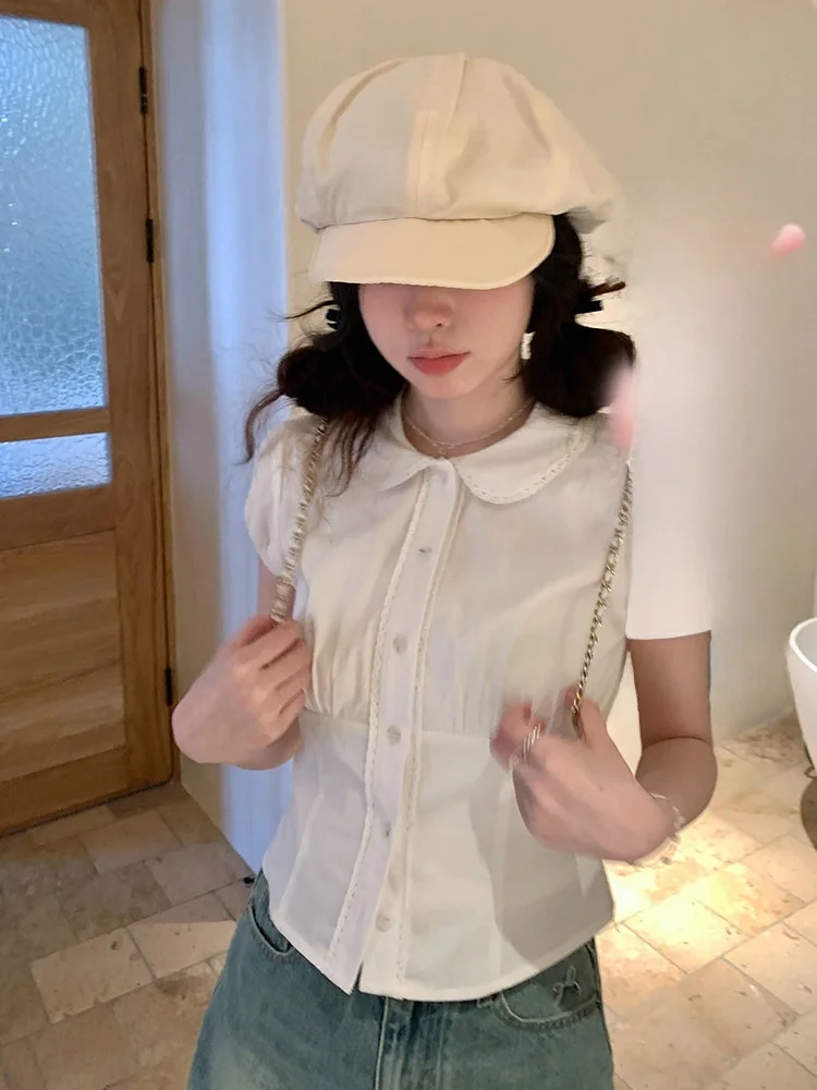 

PtonUmi Pure White S Doll Collar ort Sve Slim Fit irt Women's Summer Design Sense Waist Cinched Top