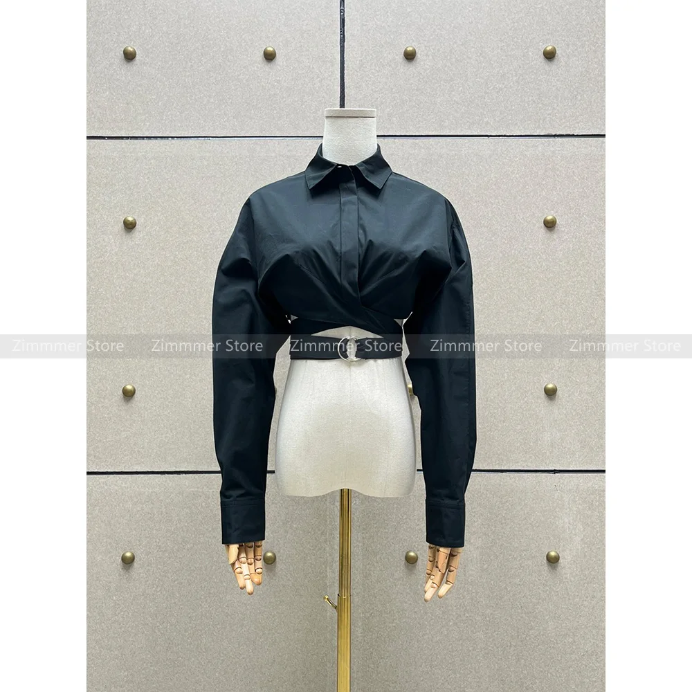 

Early fall temperament short open waist around hollow tie black lapel long-sleeved shirt blouse