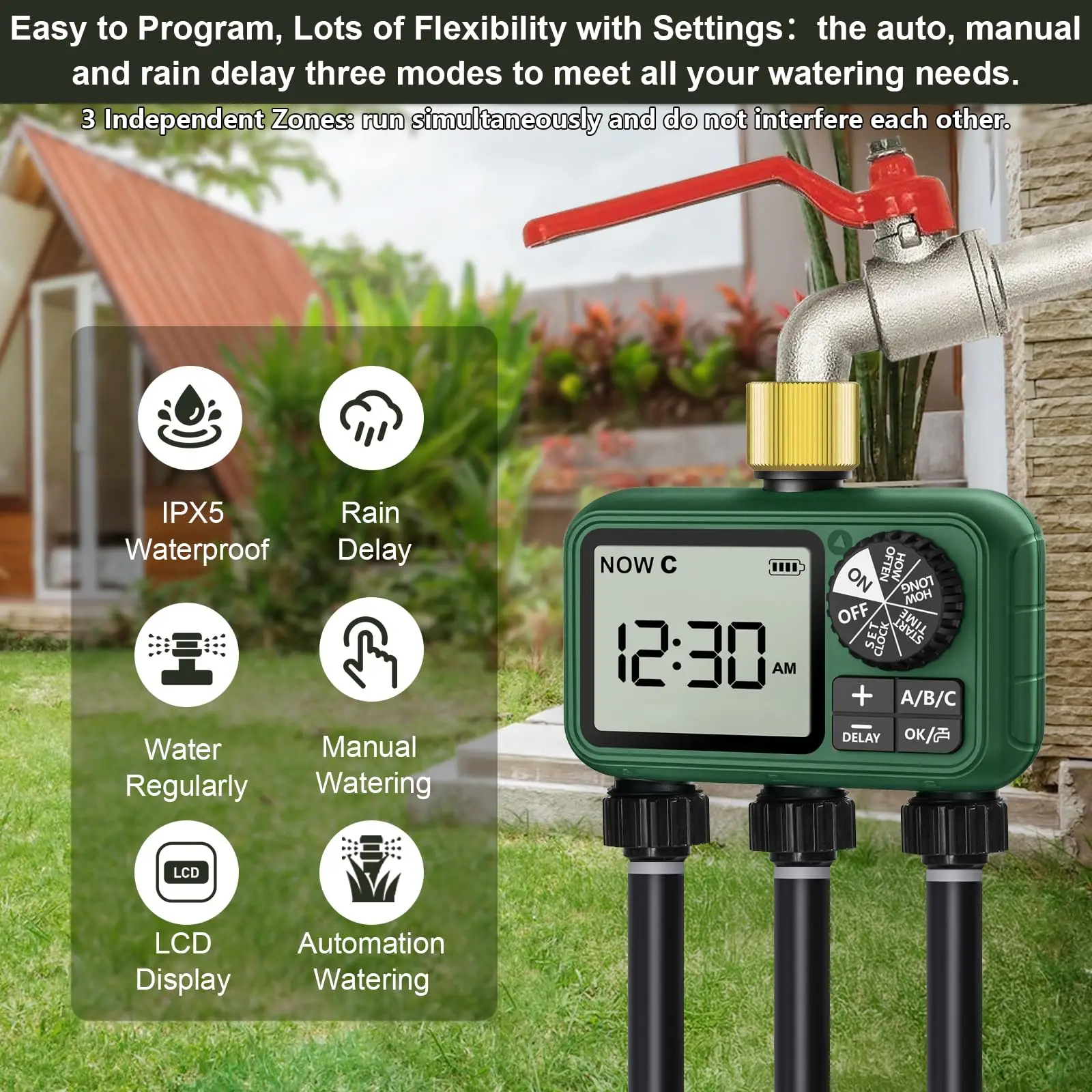 3-Zone Programmable Sprinkler Timer, Automatic Irrigation System with Rain Delay & Manual Watering, Brass Inlet Controller for Garden & Lawn