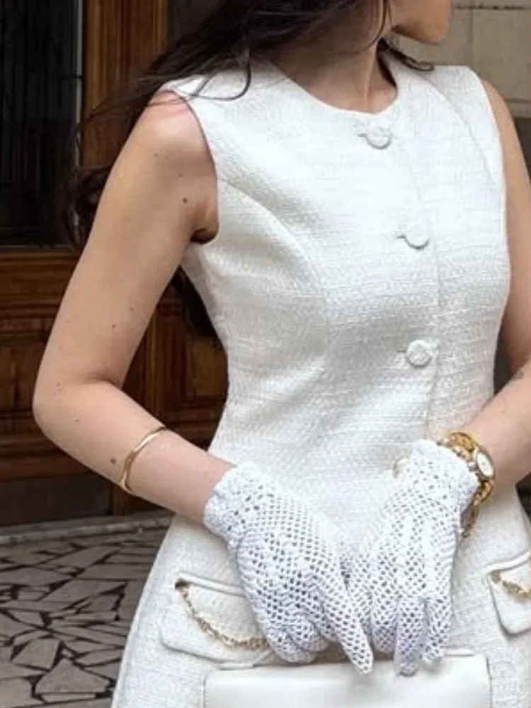 فستان أنيق بخصر من التويد للنساء بدون أكمام ورقبة مستديرة وصدر واحد على شكل حرف a فساتين نسائية جديدة يومية غير رسمية #5