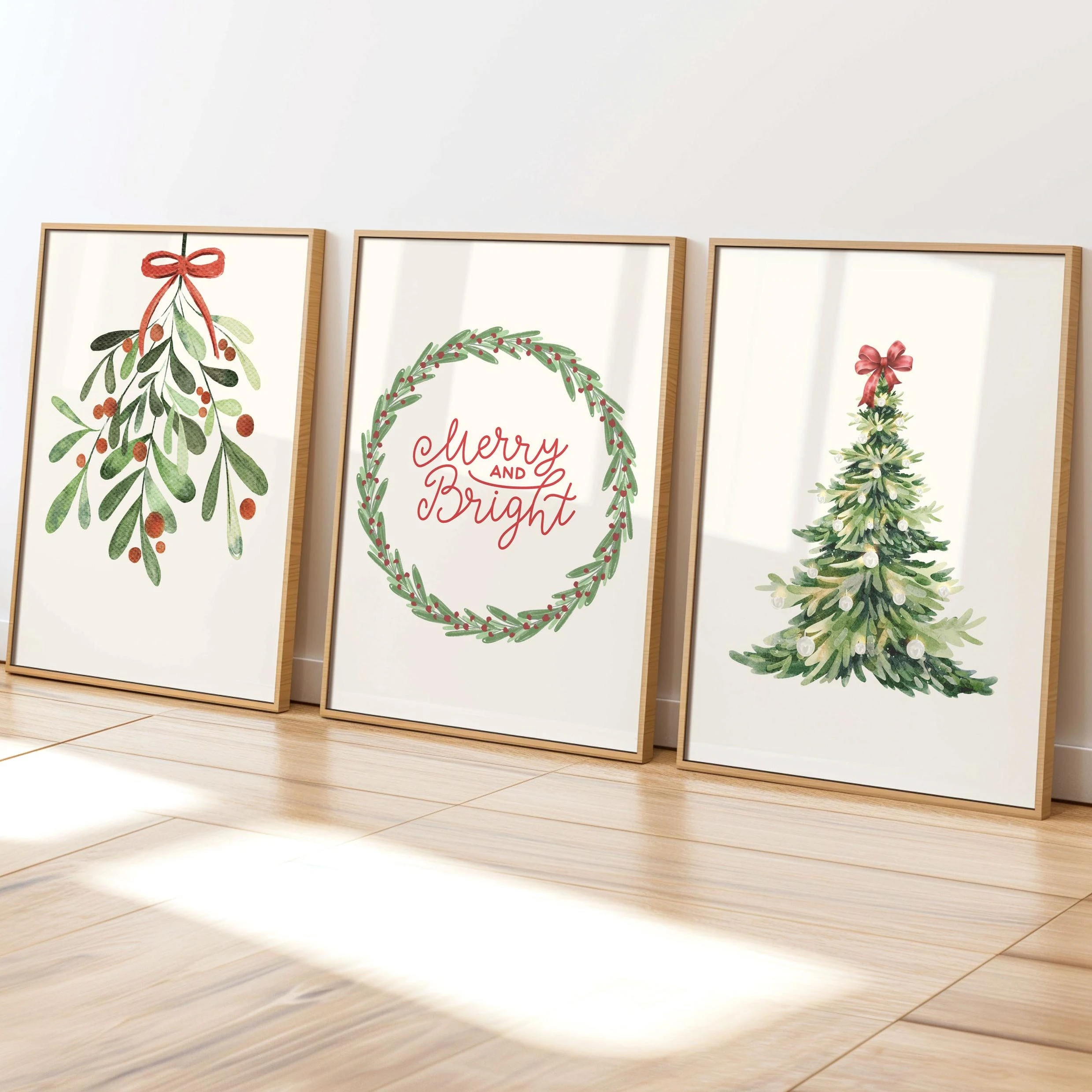 Merry and Bright Christmas Prints Set of 3 Holiday Wall Art Red Green Festive Printable Posters Retro Christmas Printables Gift