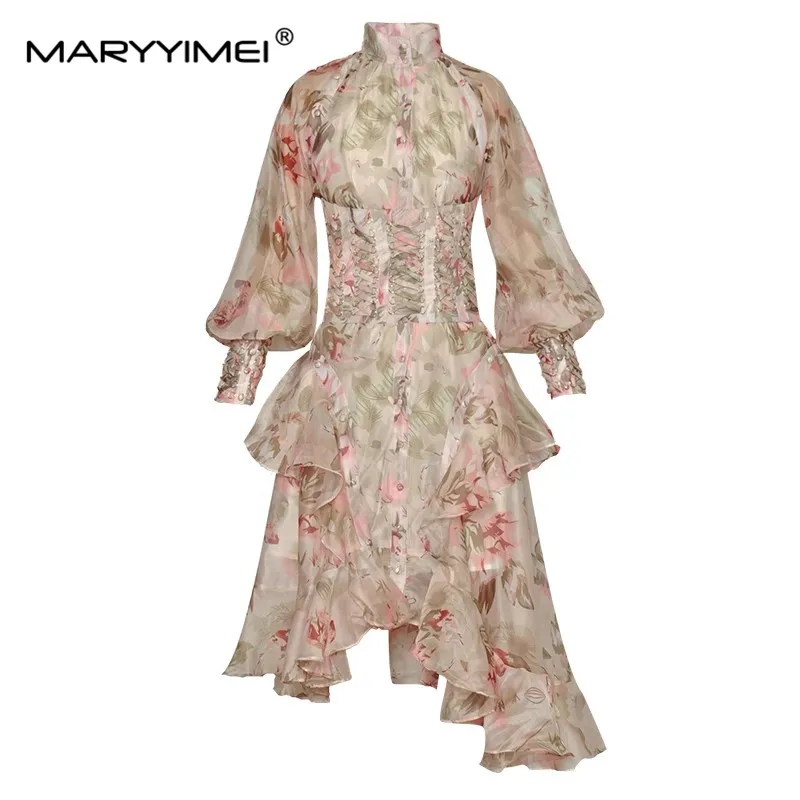 

MARYYIMEI Fashion Designer Spring Women dress Standing collar Lantern Sleeve Single breasted Print Ruffles Asymmetrical Dresses