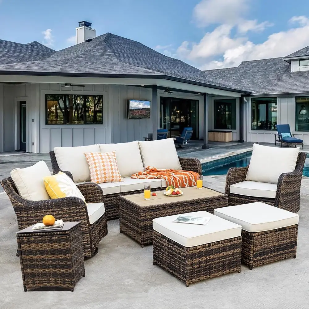 

7-предметный набор садовой мебели с поворотными элементами, включающий 2 кресла-качалки, пуфы и кофейный столик (коричневый)