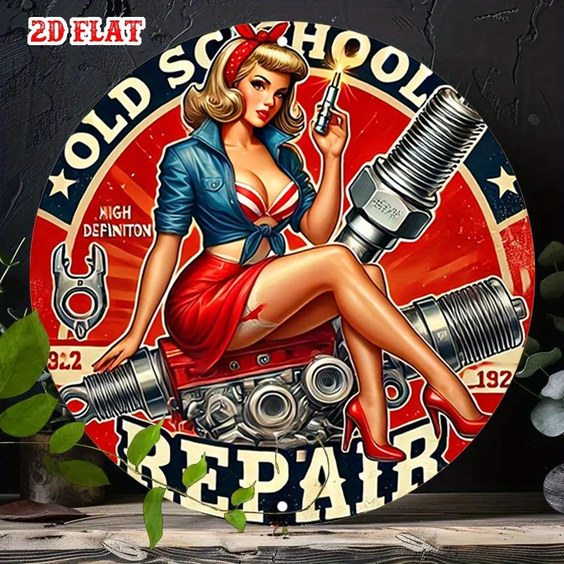 1 Retro Lady Art round wooden sign - Retro motorcycle engine design, country-style wall decoration, perfect room decoration