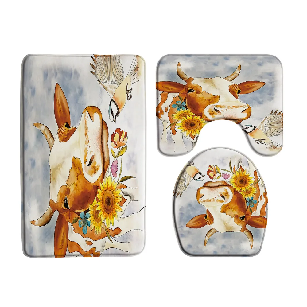 Farm Animal Bathroom Mat Toilet Kit Watercolor Painting Cow Sunflower Farmhouse Rustic Bathroom Decor Non-Slip Rugs Toilet Cover