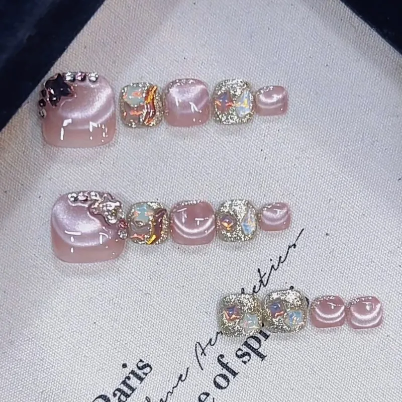 

14pcs Handmade Toenails Realistic Press on Nails Korean rhinestone Artificial Nail Tips Aesthetic False Nails with Tools 2025