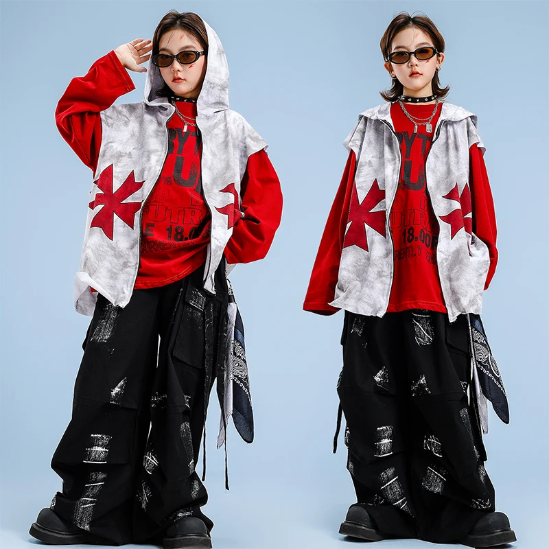 Jungen Hip Hop Top Kostüm Mädchen K-pop Coole Graffiti Mit Kapuze Weste Street Dance Cargo Hosen Kinder Teenager Streetwear kind Kleidung Sets