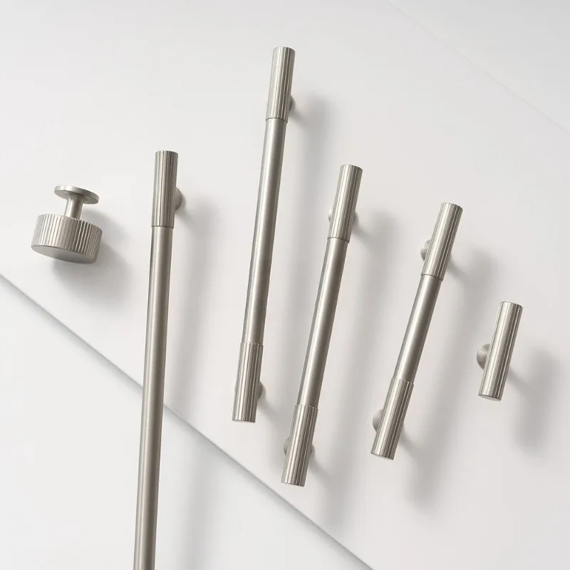 Satin Nickel T Bar Drawer Knobs Solid Brass Cabinet Linear Knurled Kitchen Cupboard Door Pulls Modern Wardrobe