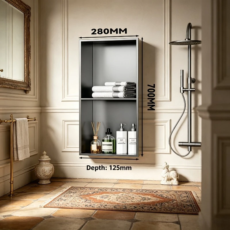 Stainless Recessed Niche with Door, Bathroom Shower Metal Shelf, 5B Baked Paint Wall Cabinet, Embedded Reinforced Welding Unit